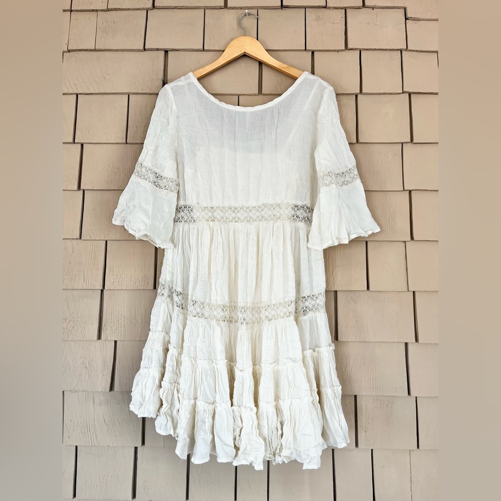 Free People Boho Mini Dress, shirt bell sleeves, cream color, size small